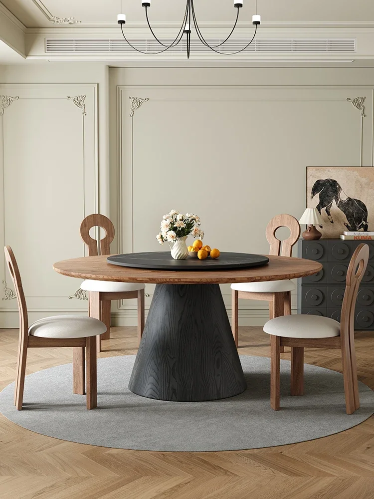 

All solid wood minimalist household round table Italian rock slab hotel large round table with turntable