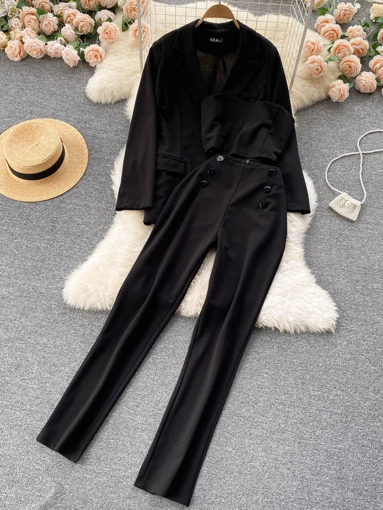 Women Streetwear Blazer Three Piece Sets Spring Autumn Casual Jacket and High Waist Pencil Pants Outfits Elegant Suits