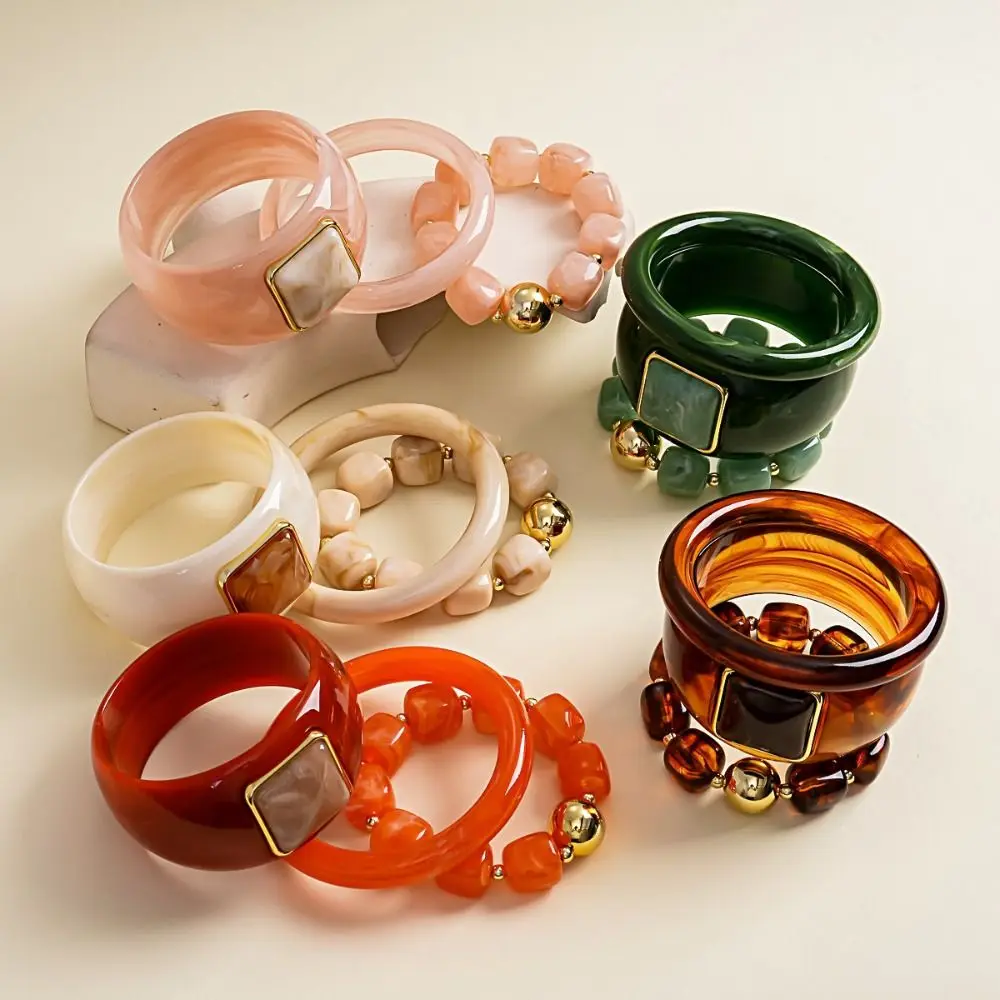 3 Pcs/Set Resin Acrylic Resin Bangle Set Ombre Dye Square Round Vintage Square Bracelet Boho Style Vintage Finish