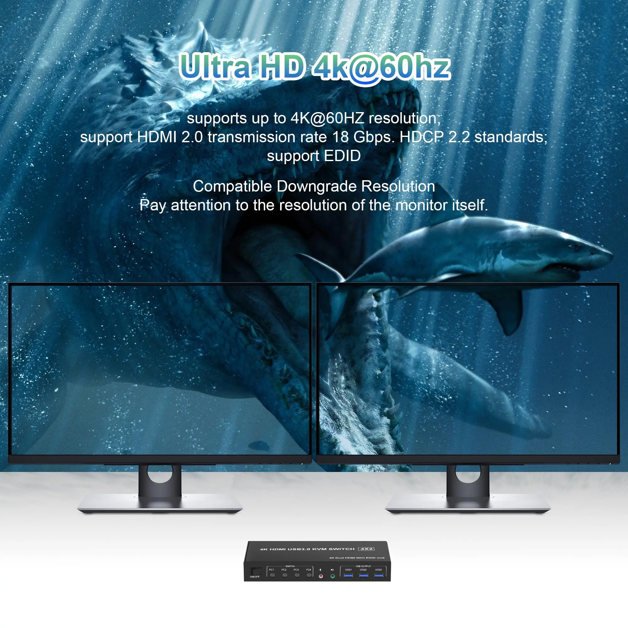 HDMI KVM-переключатель USB 3,0, 2 монитора, 4 компьютера, поддержка EDID,4K @ 60 Гц, двойной монитор с аудио микрофоном и 3 портами USB3.0