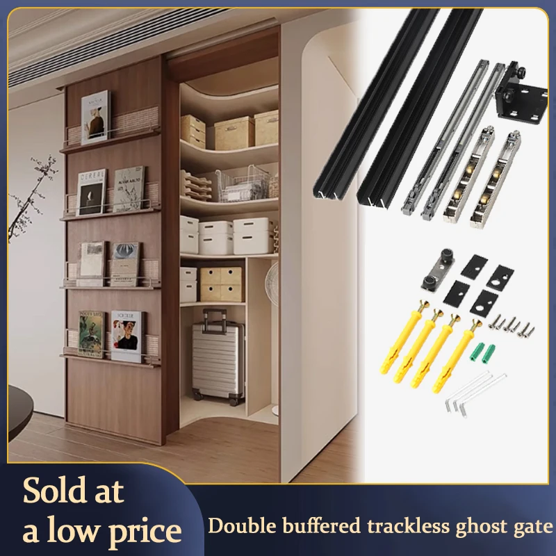 

Dual-Buffer Floorless Invisible Track Sliding Door Kit Overhead Ceiling Mount For Kitchen Bedroom Partition Rollers