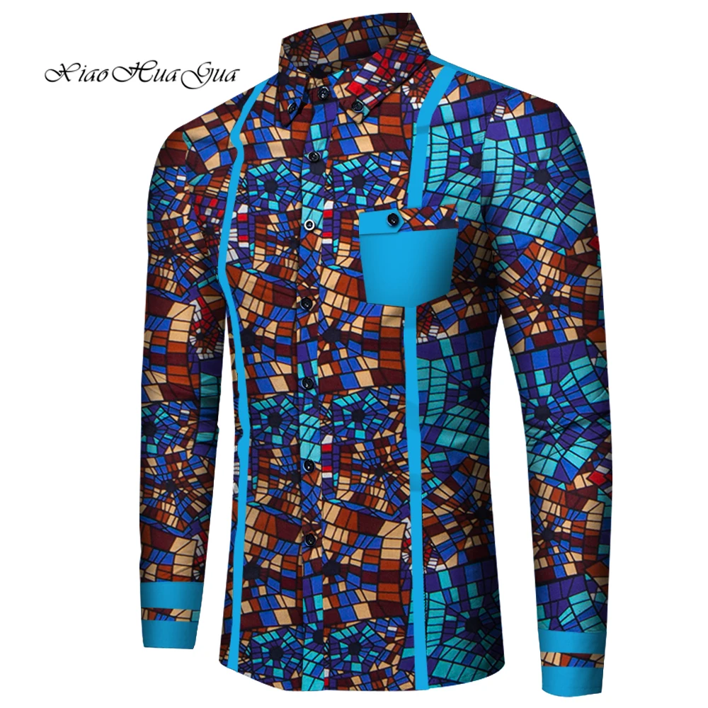 Men Long Sleeve Shirt Bazin Riche Traditional African Clothing Cotton Print Dashiki Tops African Clothes Causal Shirts WYN818