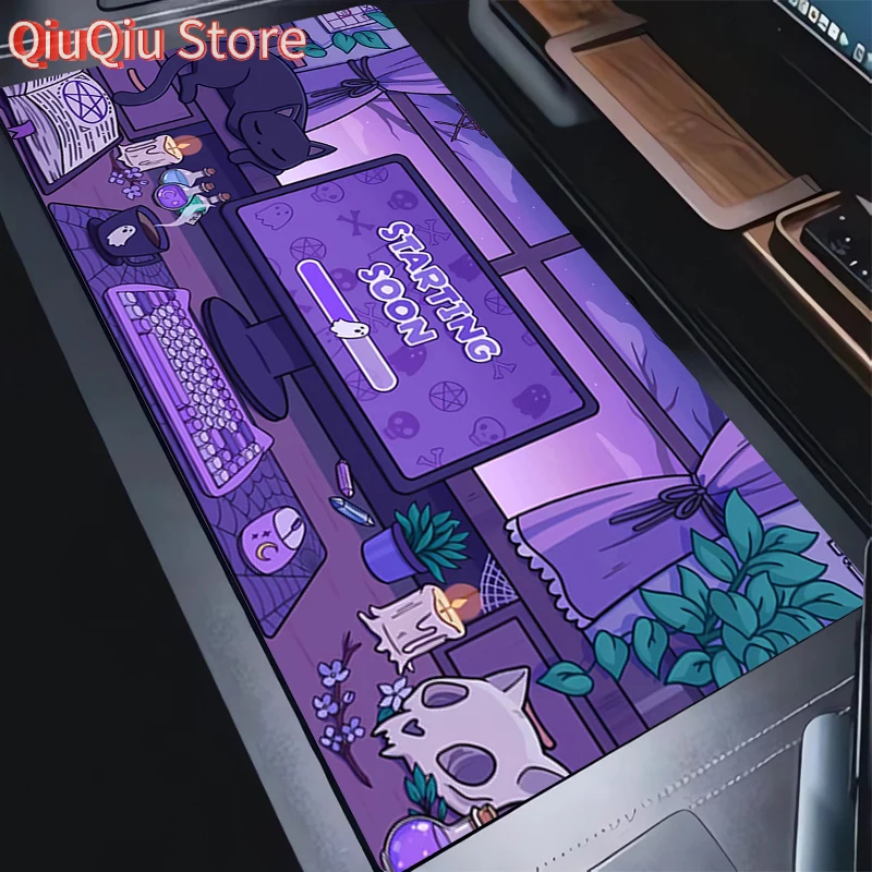 Mauspad Laptop Lila HD Druck Anime Mousepad PC Cozi Lofi Pflanzen Cartoon Schwarze Katze Tastatur Pad Gaming Zubehör Schreibtisch Ma