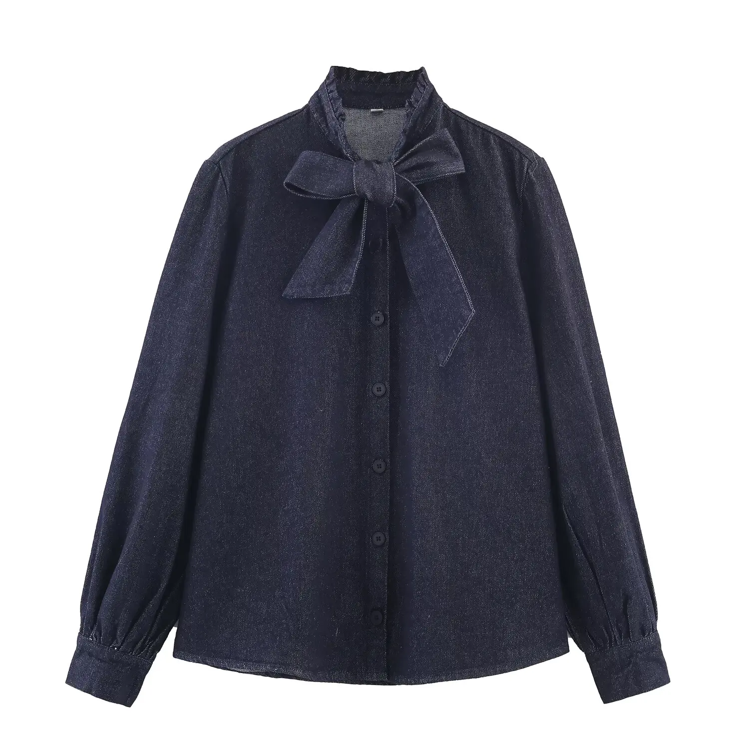 ZA&JIA New Women's Clothing: European and American Style Fashionable and Simple Long-Sleeved Denim Shirt with Bow Decoration