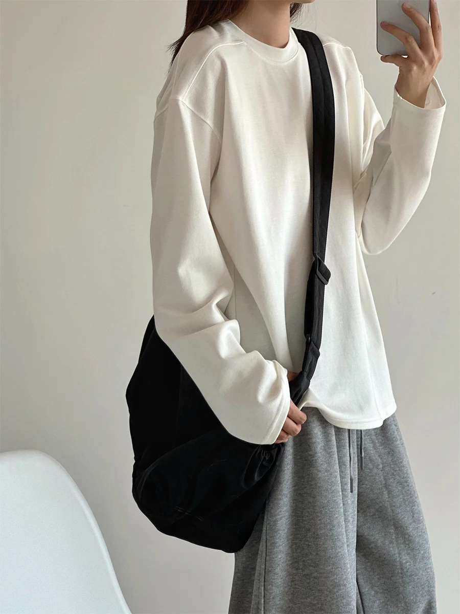 

Loose Fit Long Sleeve round Neck T-Shirt Double Cotton Blend Casual Style Color Unisex Comfortable Breathable Anti-Pilling