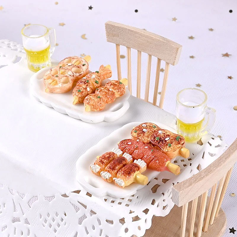 Mini brocheta de cocina para casa de muñecas, juego de aperitivos fritos para barbacoa, modelo de accesorios de juego de comida en miniatura