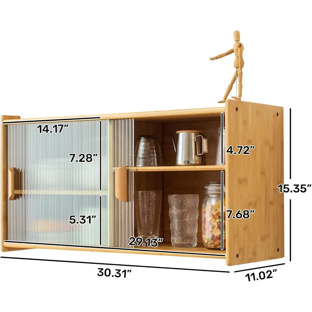 Kleines, an der Wand montiertes Küchen-Sideboard aus Bambus mit 2 Türen, Aufbewahrungsschrank für Kaffee-Weinbar für Spirituosen und Glas