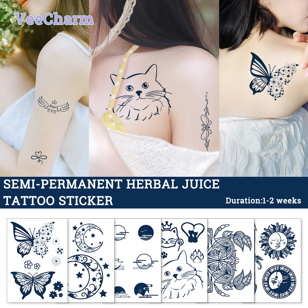 

VeeCharm - Semi Permanent Temporary Tattoo Stickers for Adults,Butterfly,Sun,Cat,Last for 1-2 Weeks,non-reflective,1/18 Sheets