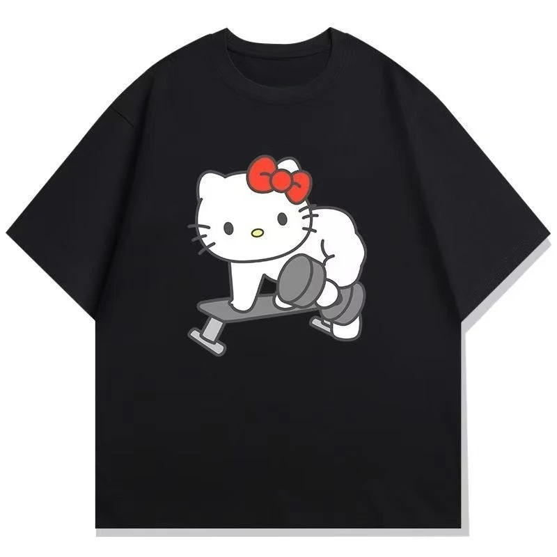Sanrio Hello Kitty Fitness camiseta de entrenamiento de remo de un solo brazo, camiseta de verano de talla grande para mujer, pantalón corto informal holgado, Top de manga