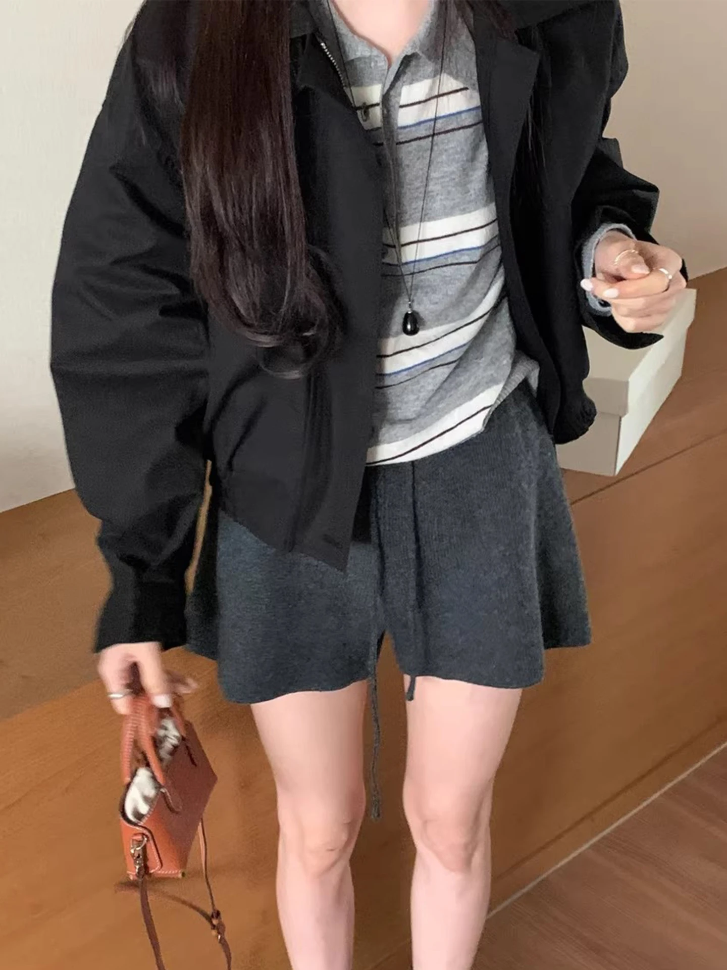 시크한 가을 겨울 신상 레트로 안티에이징 네이지 루즈 컬러 블록 롱 스트라이프 니트 스웨터 여성용