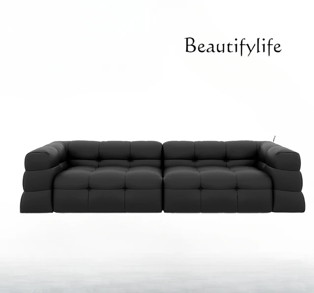 

French Retro Leather Sofa Living Room Sofa Three-Person Full Leather Italian Minimalist