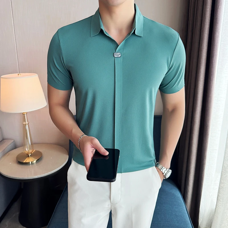 2024 Summer Ice Silk Seamless High Elastic V-neck Polo Shirt for Men Short Sleeve Tshirts Business Social T-shirts Men Clothing