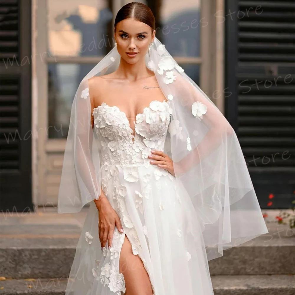 Sweetheart  Collar A-Line Women Wedding Dresses Exquisite 3D Flowers Bride Gown Charming Side Split Vestidos De Novia Customized