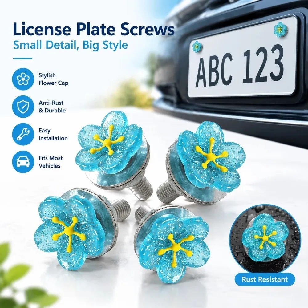 4Pcs Flower Car License Plate Screws Anti-Rust Decorative License Plate Flower Screws Universal