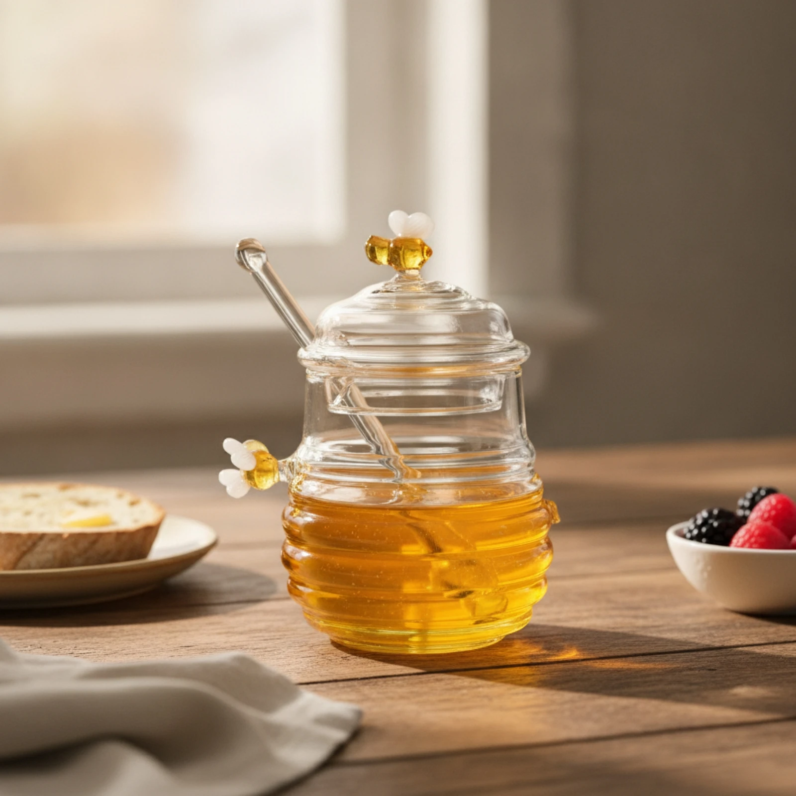 Honey Jar with Dipper Transparent Honey Jar with Lid Glassware Decorative Container Elegant for Tea Station, Breakfast Table