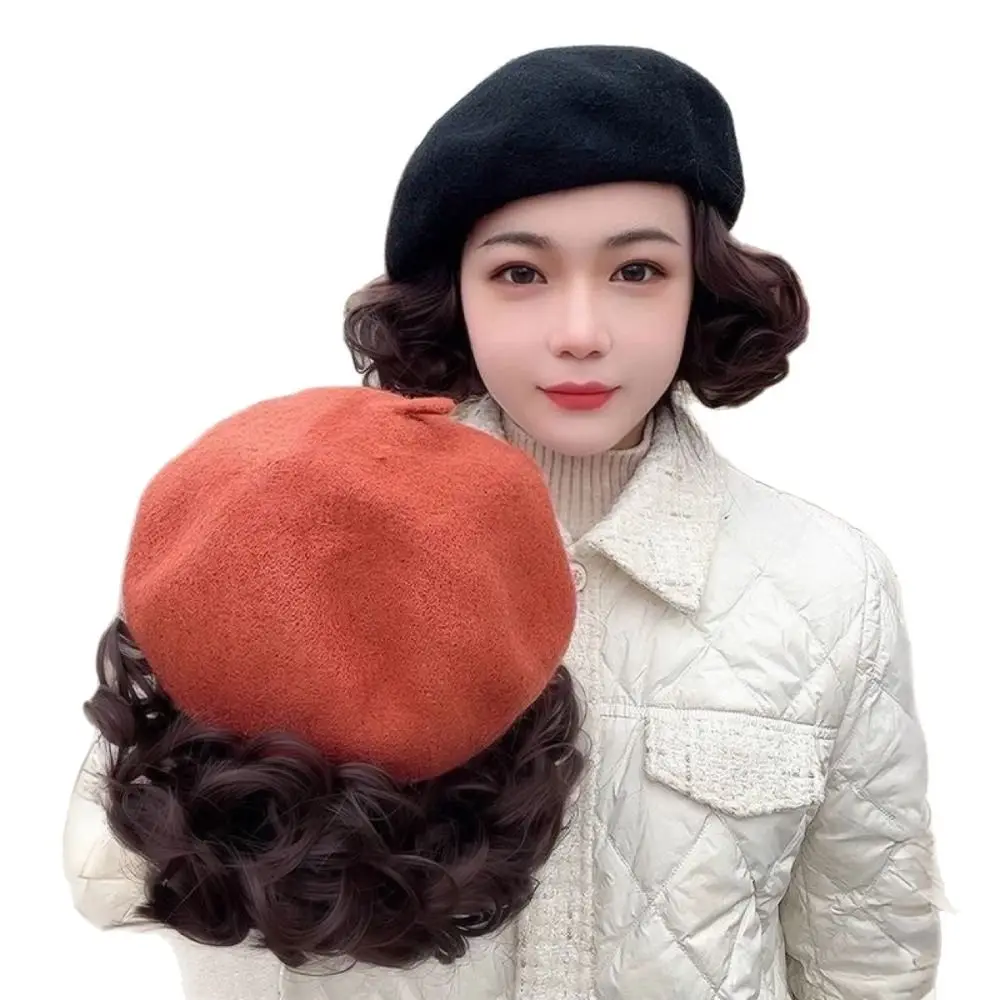 Autumn Winter With Curly Hair Beret Hat With Wig Warm Attached Wig French Artist Hat Casual Felt Berets Women
