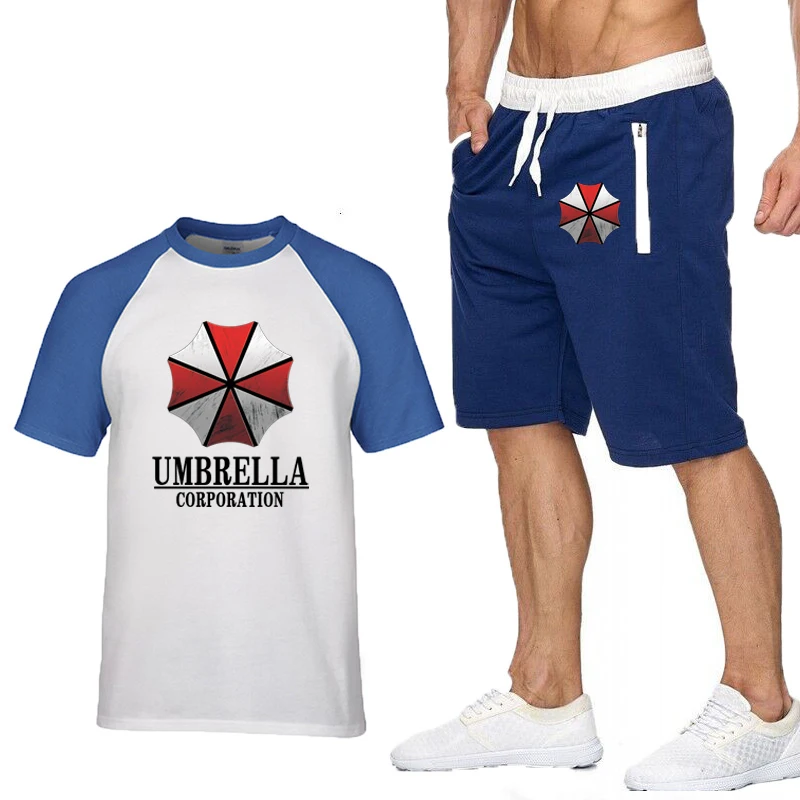 New Summer Men’s T-Shirts Umbrella Corporation Printed Raglan Short Sleeve High Quality Cotton Men's T-shirt+Shorts Suit 2pcs