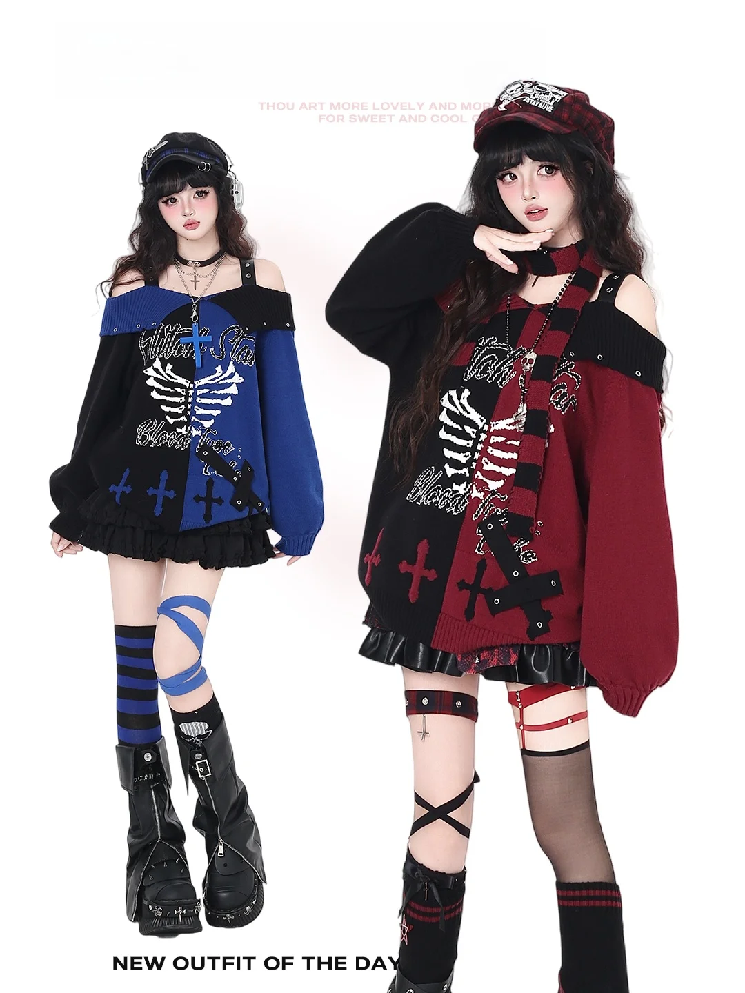 Crazygirl Original Y2K Gothic Subculture Shoulder-baring Design Sweater for Girls Loose Fit Long Sleeve Winter Fashion