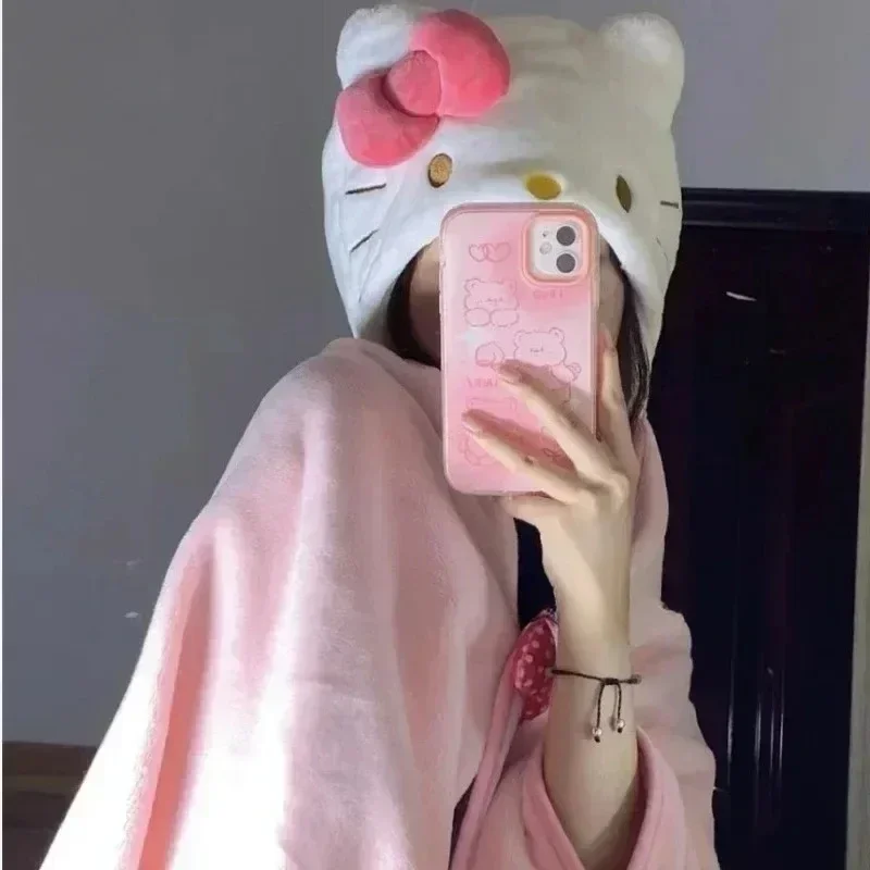 Sanrio-Manta de felpa con capa de Hello Kitty, accesorios de personajes de Anime, ropa de casa para niñas, Sudadera con capucha, pijamas suaves y cálidos para niñas, regalo