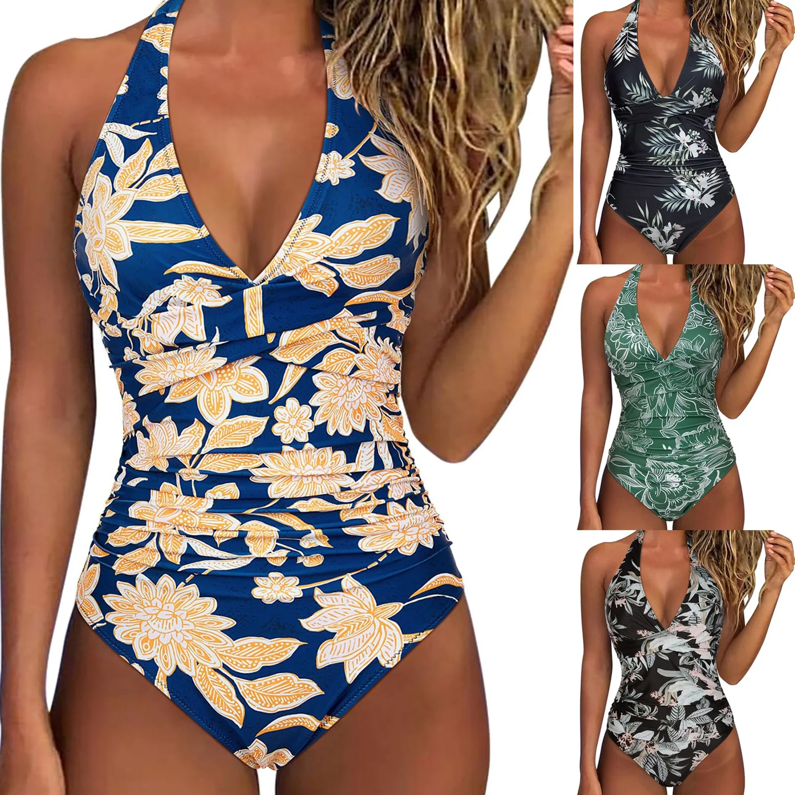 Sexy bandagem biquinis de uma peça push up halter ruched profundo decote em v sem costas rendas até maiô retalhos controle de barriga monokini