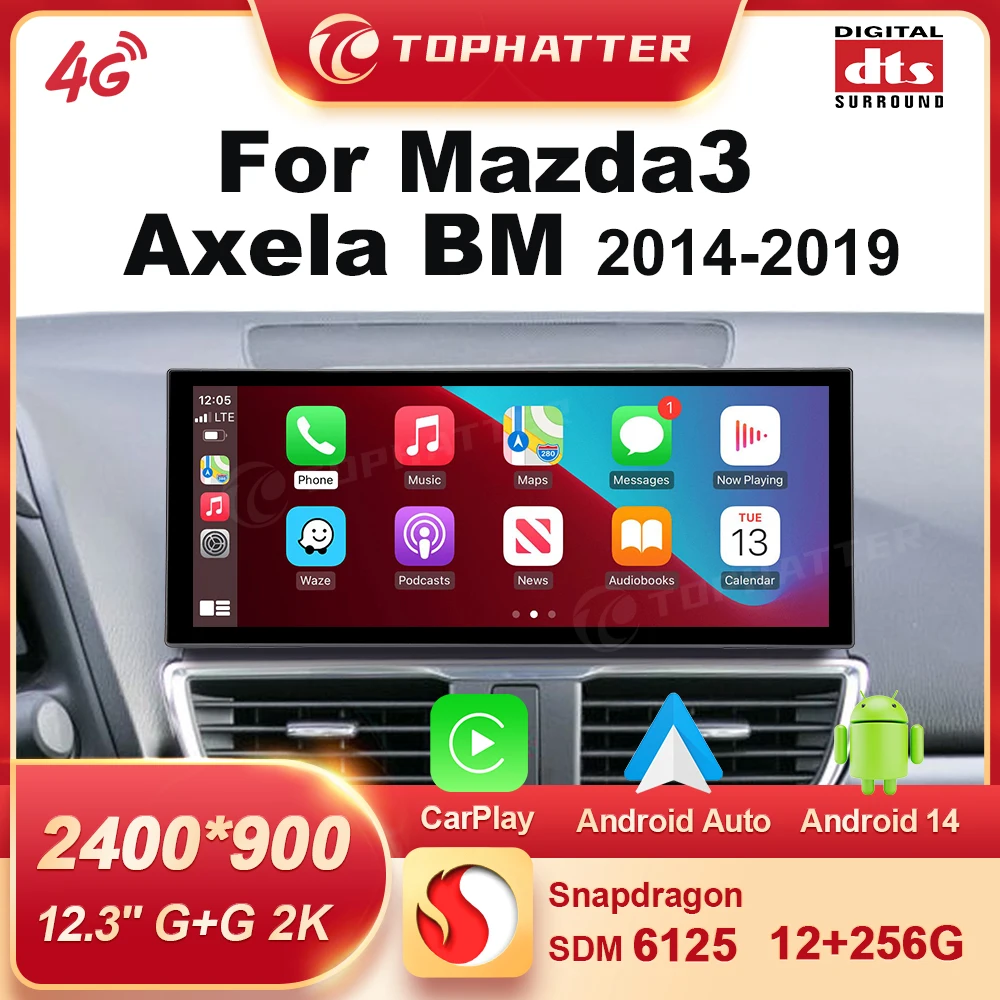 

Carplay For Mazda3 Axela BM 2014 - 2019 Car Radio 12.3" 2K Stereo Navi Qualcomm 8Core DTS Multimedia Android14 Head Unit Player