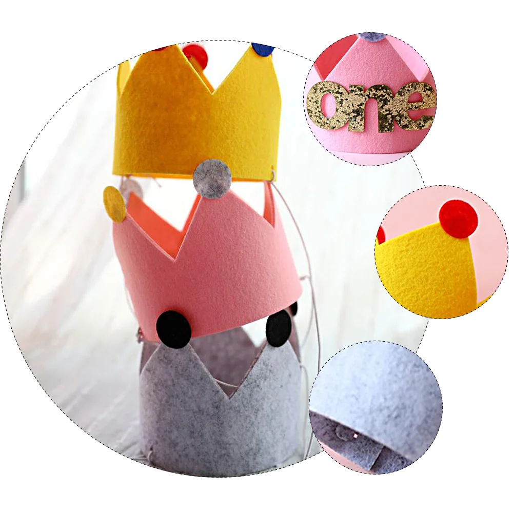 

3 Pcs Decorate Party Hat Baby Princess Crown Hats for Kids Thick Felt Cloth Birthday Hair