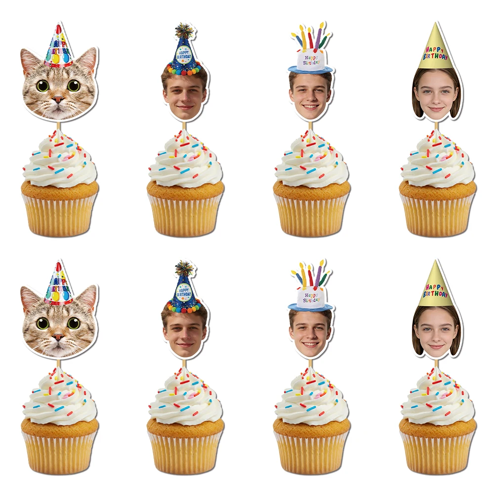 12 Stück personalisierte Geburtstags-Foto-Cupcake-Topper mit individuellem Gesichtsfoto für Meilenstein-Gedenkfeiern, Party-Kuchendekoration