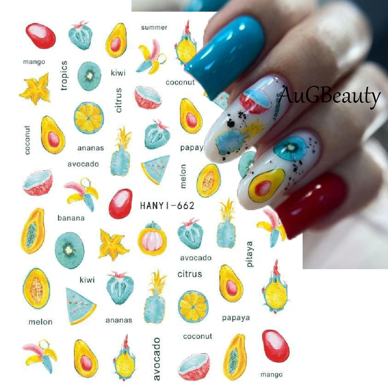 Nail Art Decals Summer Fruits Kiwi Coconut Papaya Melon Banana Back Glue Nail Stickers Decoration For Nail Tips Beauty