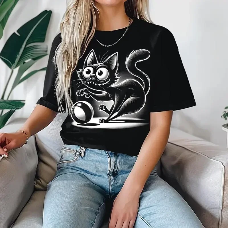 T Shirt Cat Playful Chasing Ball Cute Funny Lover play crazy