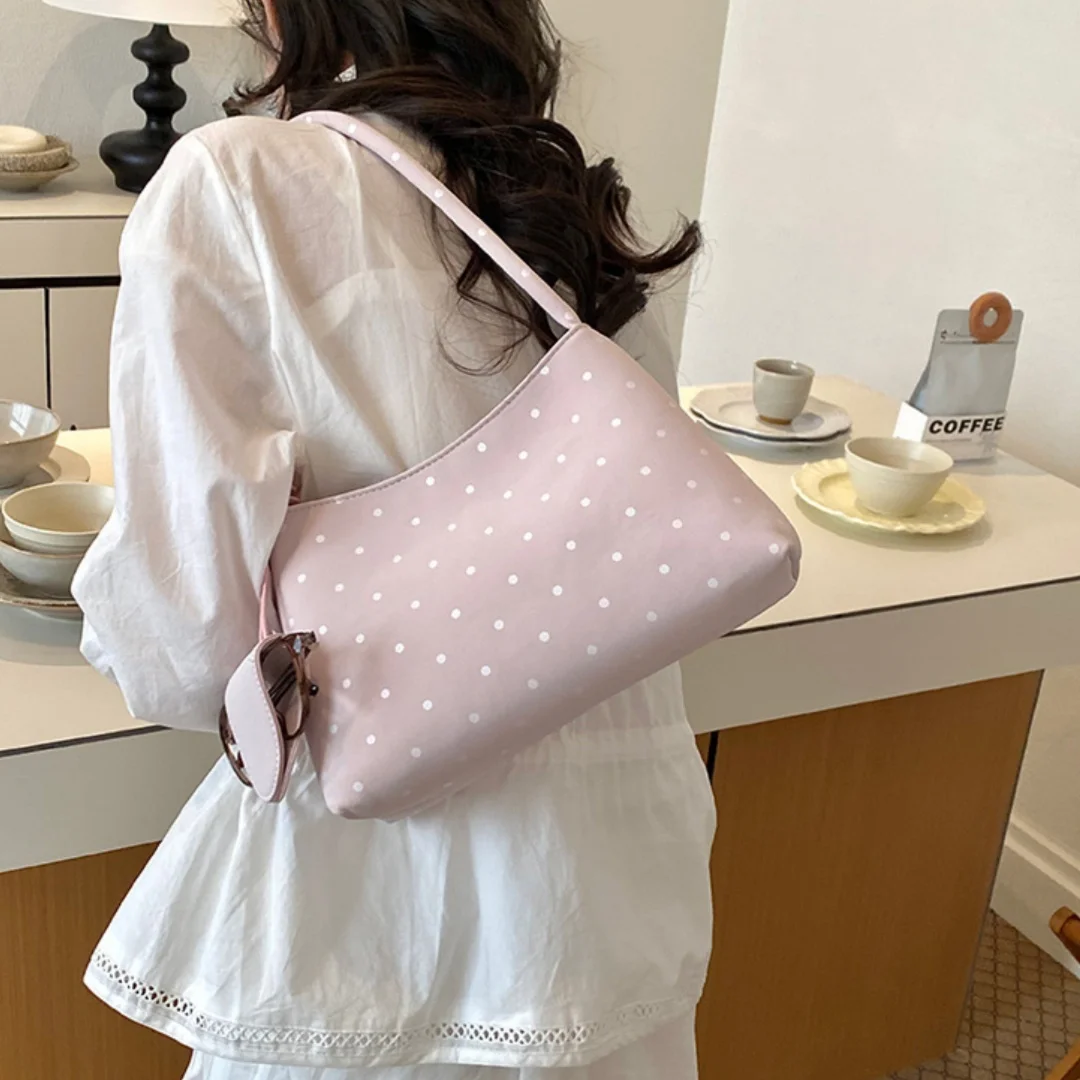 Women PU Polka Dot Underarm Bag Large Capacity Zipper Shoulder Korean Casual Office Commute Crossbody with Mini Coin Purse