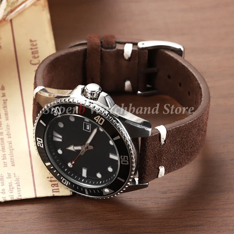 Pulseira de couro de camurça para seiko 18mm 20mm 22mm pulseira de relógio vintage pulseira de costura artesanal para huawei watch gt3/gt4