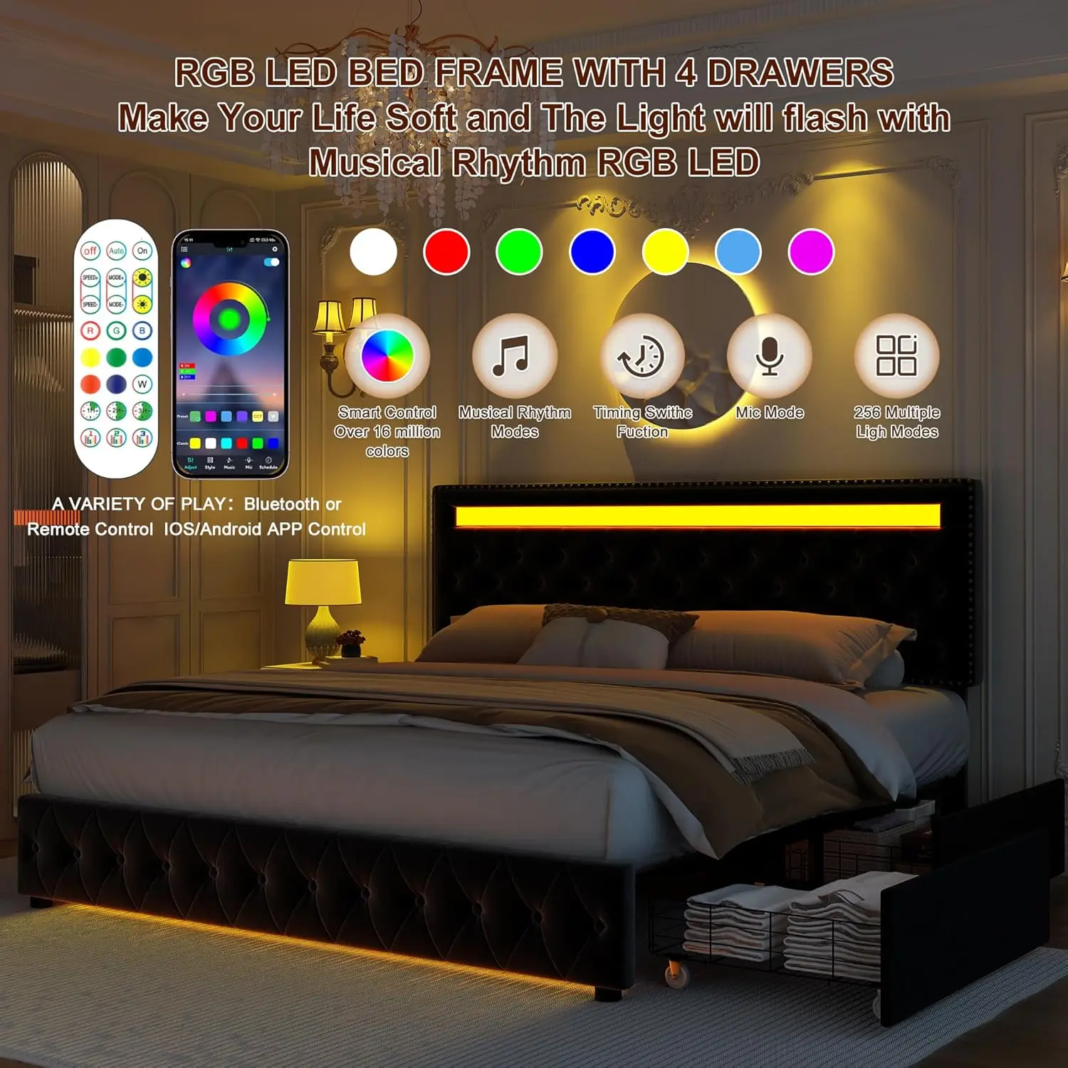 Queen-LED Bed Frame com 4 gavetas de armazenamento, controle inteligente, RGBW luzes LED, cabeceira Footboard, DIY Cor, Novo