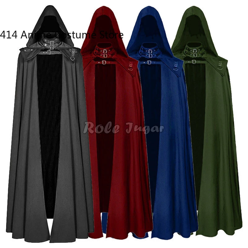 

Medieval Devil Wizard Cloak Men Hooded Coat Cosplay Costume Vintage Gothic Buckled Stand Shoulder Knights Long Cape