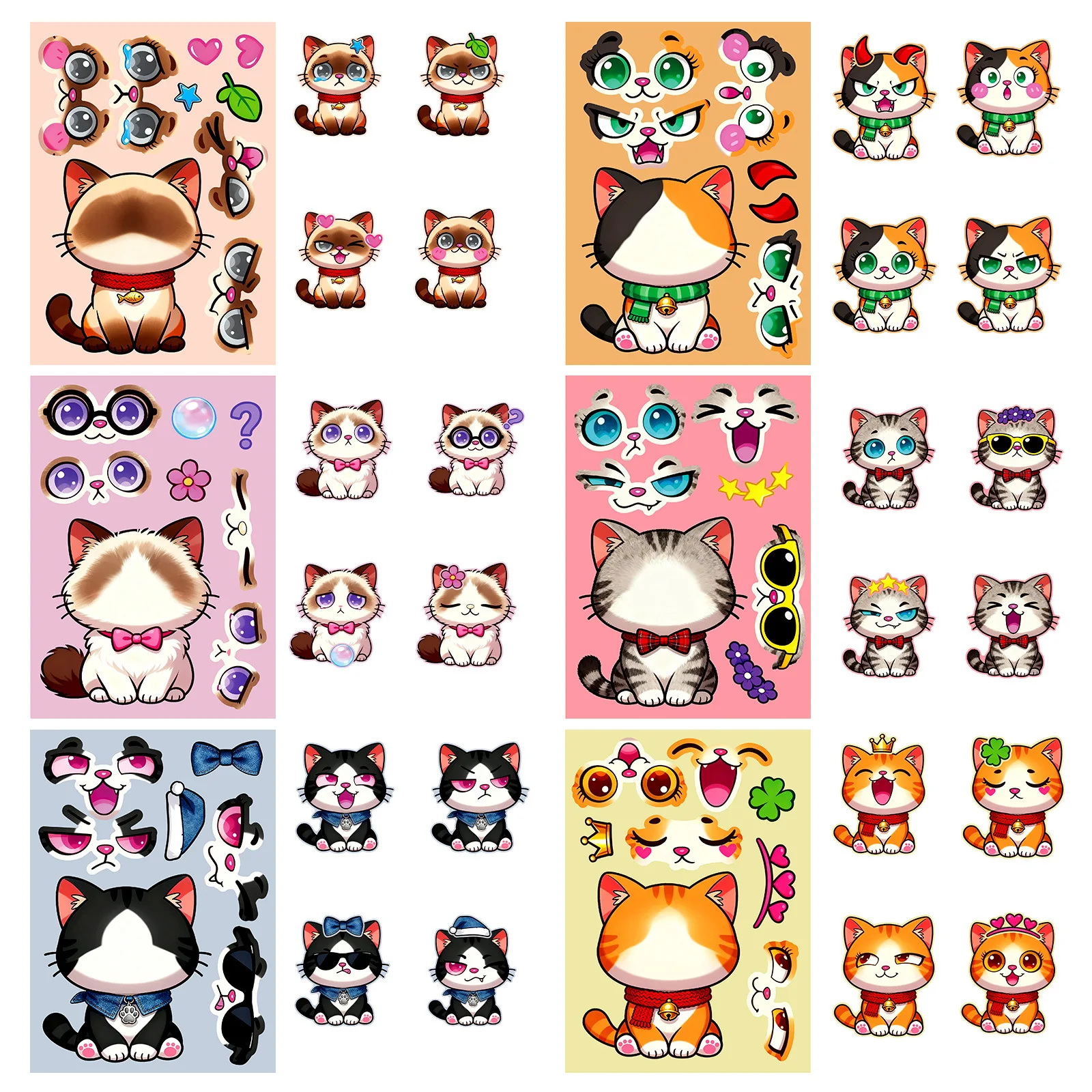 6/12 Pcs Large Cartoon Cat Full Body Make A Face Stickers DIY Brain Game for Fridge Stationery Box Notebook Guitar Desk