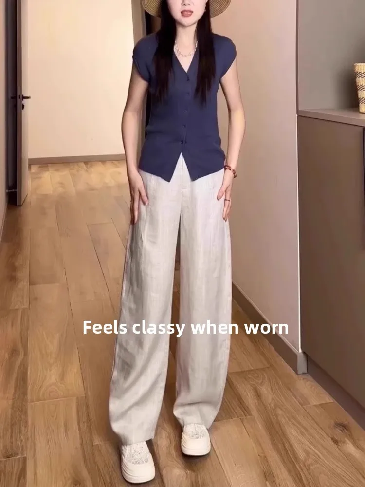 ハイウエストドレープリネンテンセル女性の夏薄いワイドレッグパンツカジュアルスーツパンツ快適な通気性のあるハイウエストパンツ