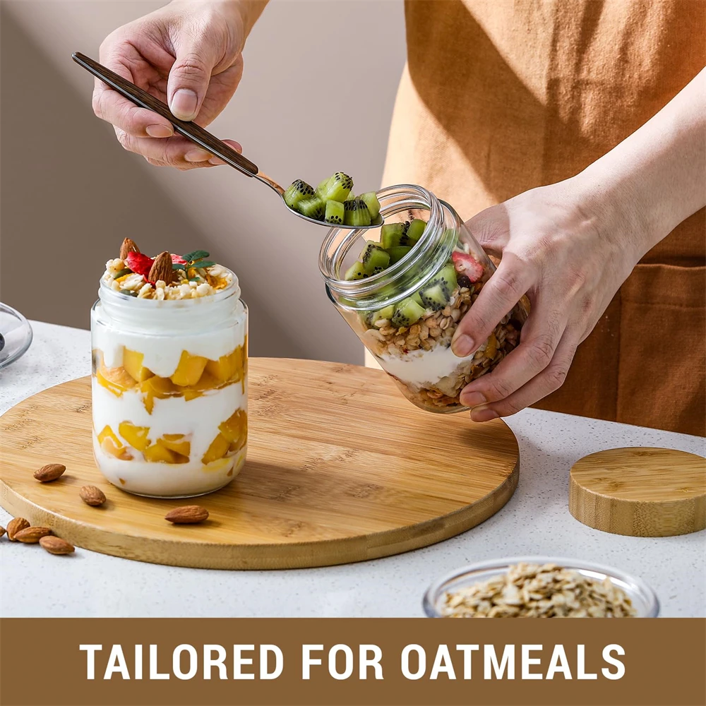4 عبوات من الجرار الزجاجية مع غطاء محكم 16 أونصة حاوية الشوفان أثناء الليل مع أغطية من الخيزران برطمانات تخزين الوجبات الخفيفة الزجاجية والزبادي والسكر #3