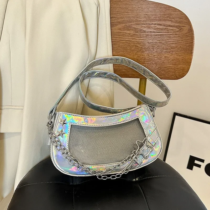 MBTI Laser Silver Shoulder Bag for Women Designer Casual Fashion Transparent Lolita Ita Bag Jk All-match Chain Y2k New Handbag