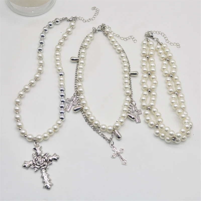 Vintage Pearls Multilayered Strand Choker Necklace with Sturdy Alloy Crosses Pendant Jewelry Accessory for Trendy Women