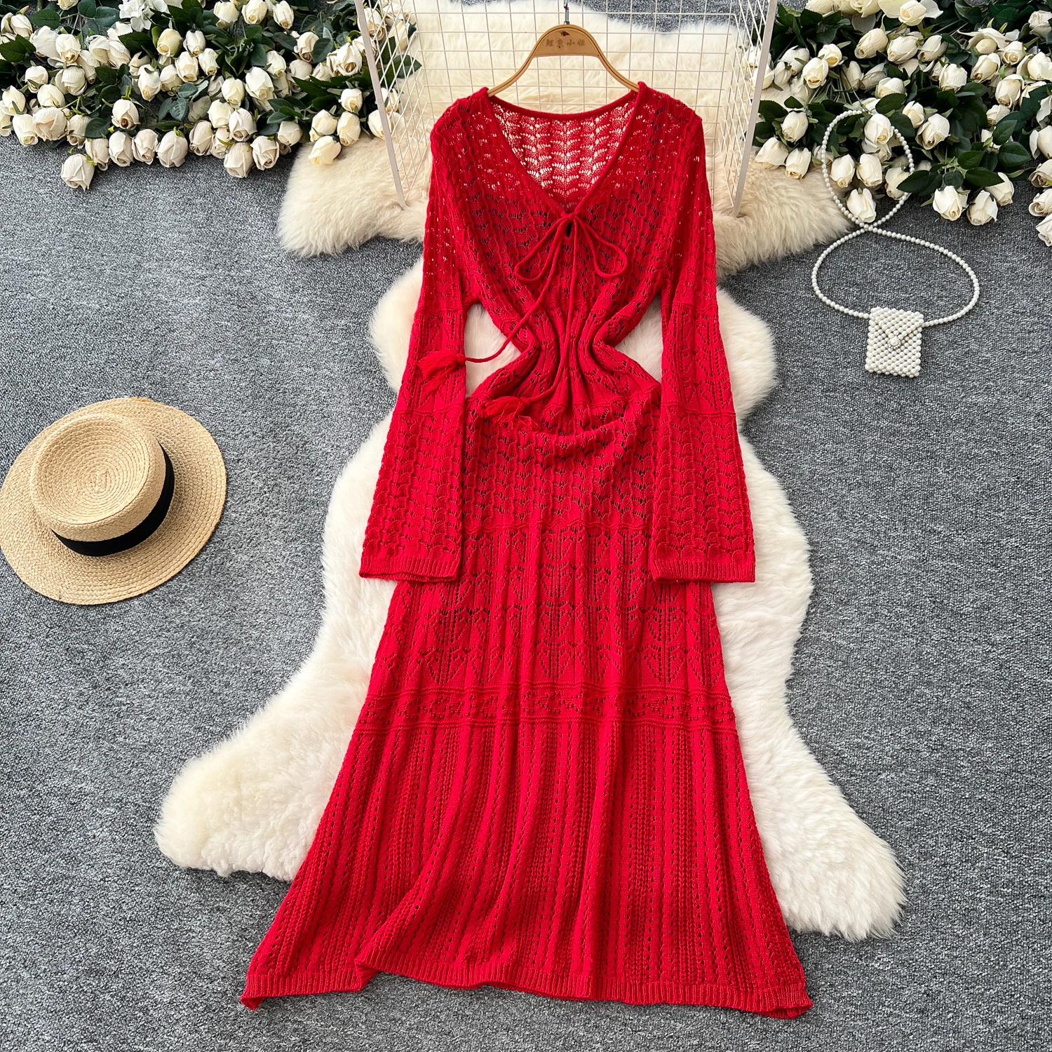 Chic vintage V-Neck Hook flower hollow Knit Elegant Fairy korean fashion Boho Sundress women clothing dress