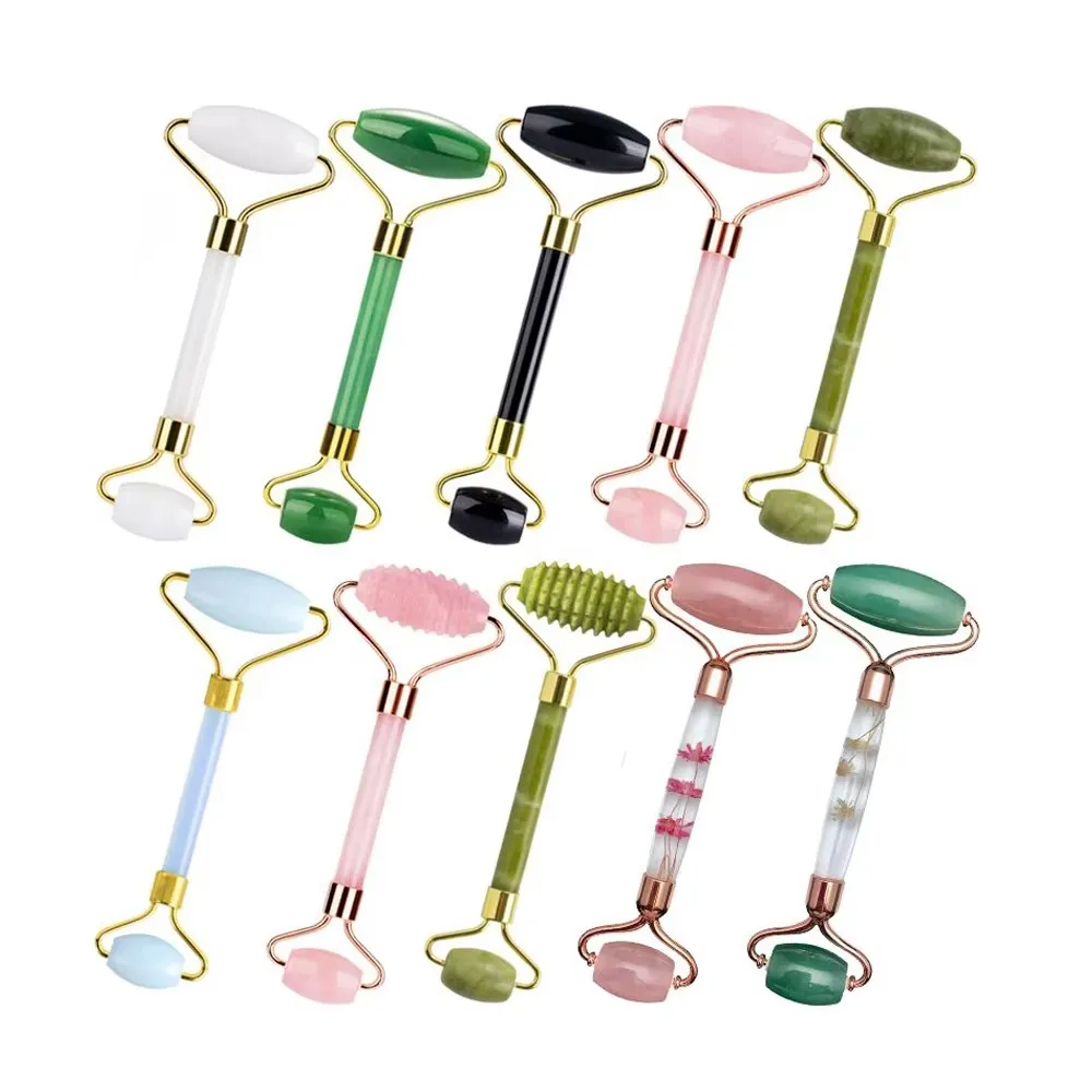 

5pcs Rose Quartz Jade Roller Face Massager Jade Facial Massage Roller Gifts For Women Anti-cellulite Massager Health Care Tool