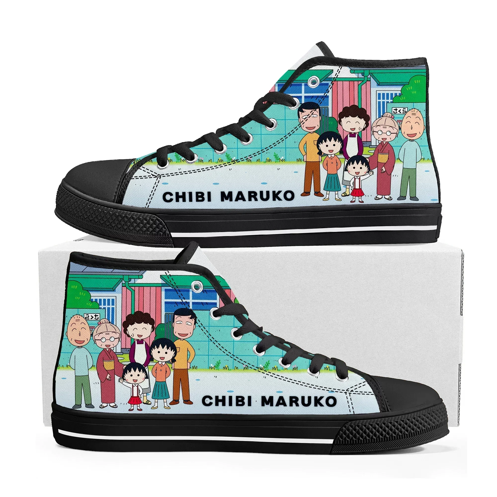 

Chibi Maruko High Top Sneakers Mens Womens High Quality Canvas Sneaker Japanese Anime Cartoon Casual Custom Made Shoes