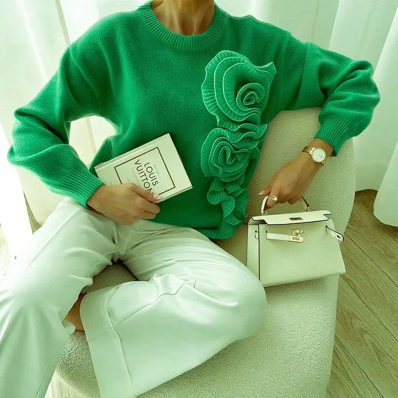 

Осенние модные вязаные свитера с 3D цветами, элегантные женские топы в рубчик с круглым вырезом, пуловеры, зимний трикотаж с длинными рукавами, женская одежда