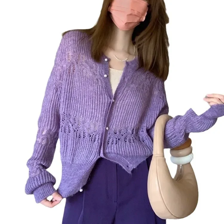 Cardigã de malha mohair oco para mulheres, taro preguiçoso francês, suéter roxo de estilo suave, jaqueta nova ocidental, primavera