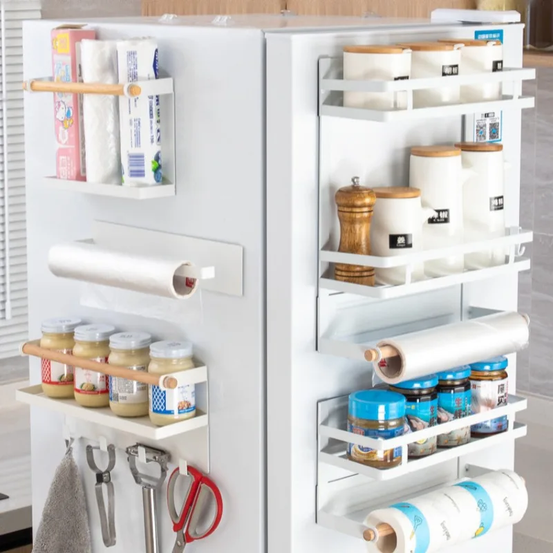 agnetic Refrigerator Shelf Spice Rack with Paper Roll Holder Kitchen Supplies Organizer Hooked Storage for Kitchen