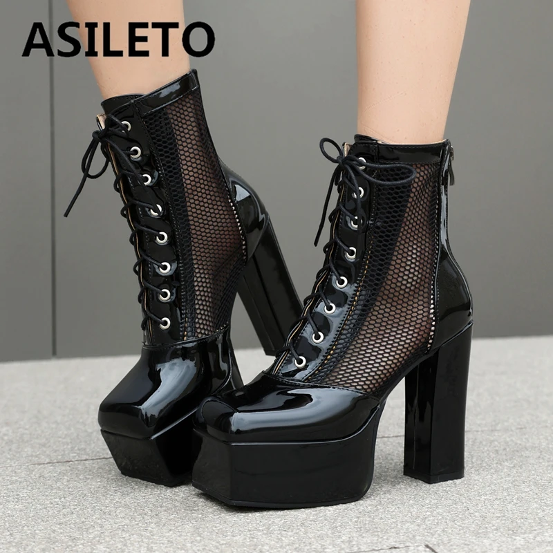 

ASILETO Summer Ankle Boots Square Toe High Heels Zipper Lace Up Platform Breathable Mesh Plus Size 45 46 47 Fashion Party Bota