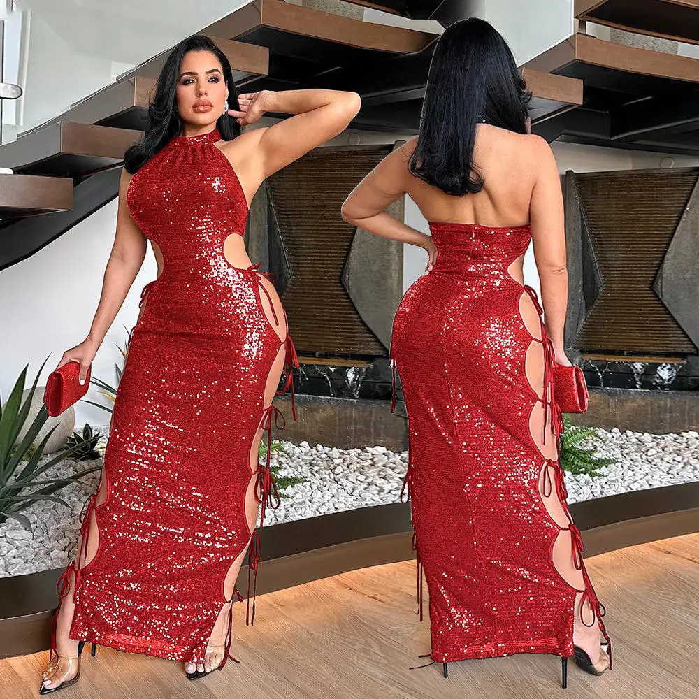 Ele Sexy Lange Dr Hollow out Bead Strap ves Hoge Kraag Lente Pendelen Sle Dames Dr Sli Wikkelrok