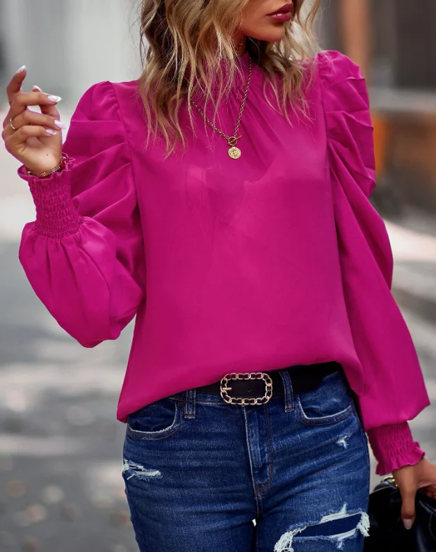 Women's Elegant Blouse 2025 Autumn Winter Latest Style Solid Color Bubble Sleeves Casual Shirt Long Sleeves Lace Pullover Top