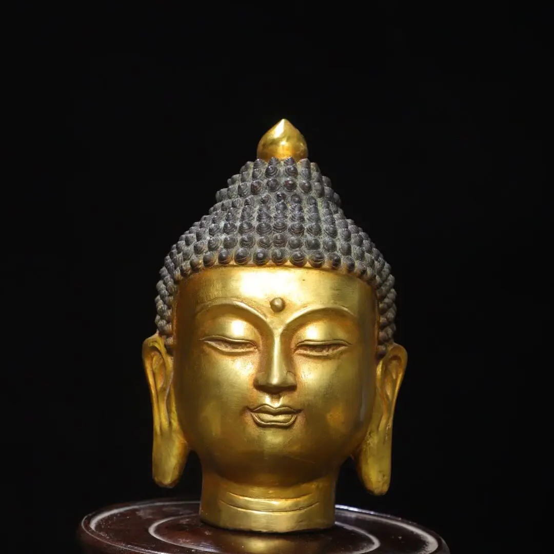 Gilded Copper Shakyamuni Buddha Head Sculpture Home Temple Desktop Decor Art Craft