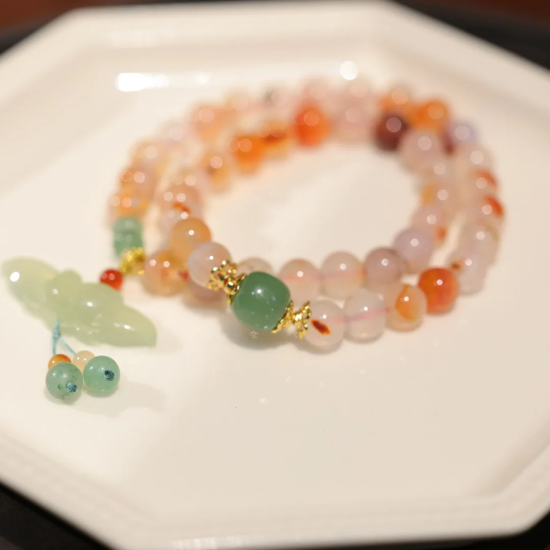 Natural 8MM Red Flower Agate Bracelet for Women Jade Lotus Cherry Blossom Agate Dual Use Bracelet Necklace Gifts