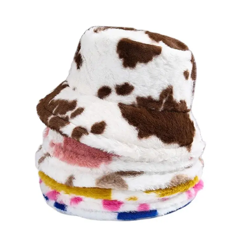 Bucket Hat Women\'s  Cow Pattern Plush Basin Hat Japanese and Korean  Versatile Lamb Wool Ear Protection Hat Cute Soft Girl